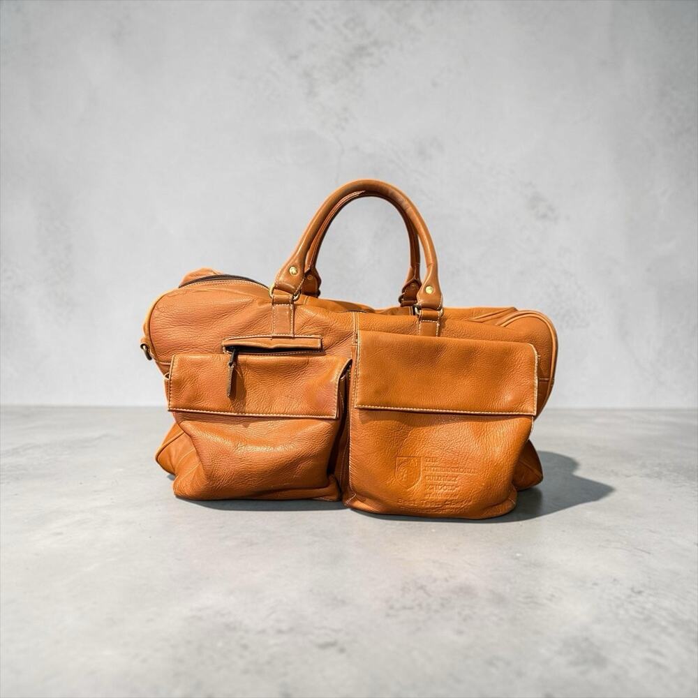 Vintage Latico Leather Deluxe Travel Bag Duffle Cognac Brown Weekend Crest Logo